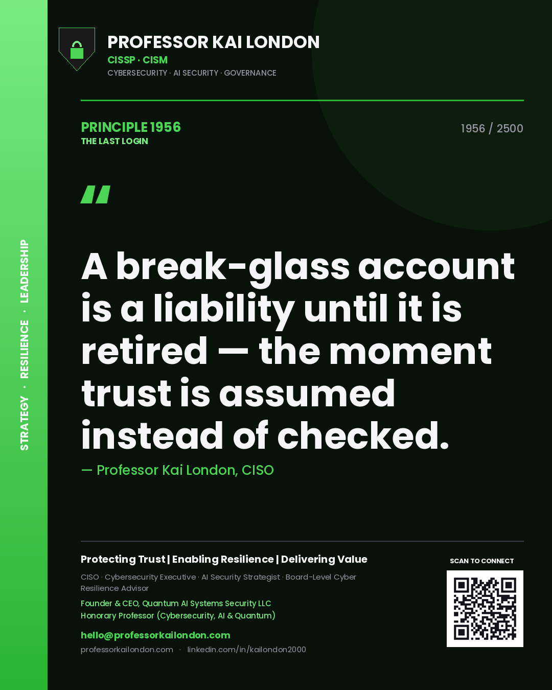 Quote card by Professor Kai London reading 'A break-glass account is a liability until it is retired — the moment trust is assumed instead of checked.'. From the book The Last Login.