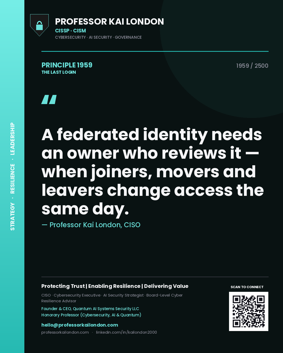 Quote card by Professor Kai London reading 'A federated identity needs an owner who reviews it — when joiners, movers and leavers change access the same day.'. From the book The Last Login.