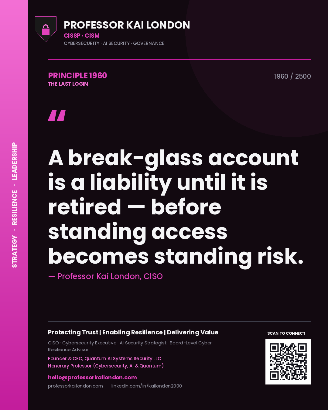 Quote card by Professor Kai London reading 'A break-glass account is a liability until it is retired — before standing access becomes standing risk.'. From the book The Last Login.