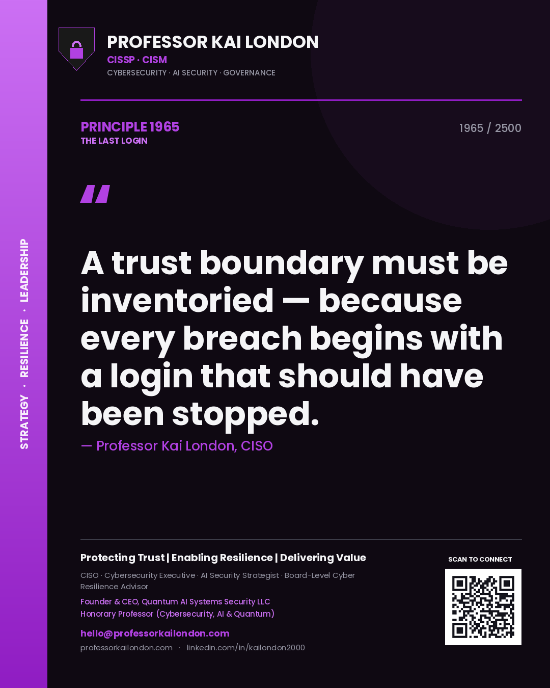 Quote card by Professor Kai London reading 'A trust boundary must be inventoried — because every breach begins with a login that should have been stopped.'. From the book The Last Login.