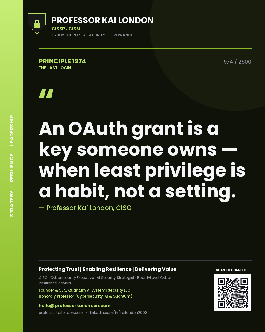 Professor Kai London principle 1974: An OAuth grant is a key someone owns — when least privilege is a habit, not a setting.