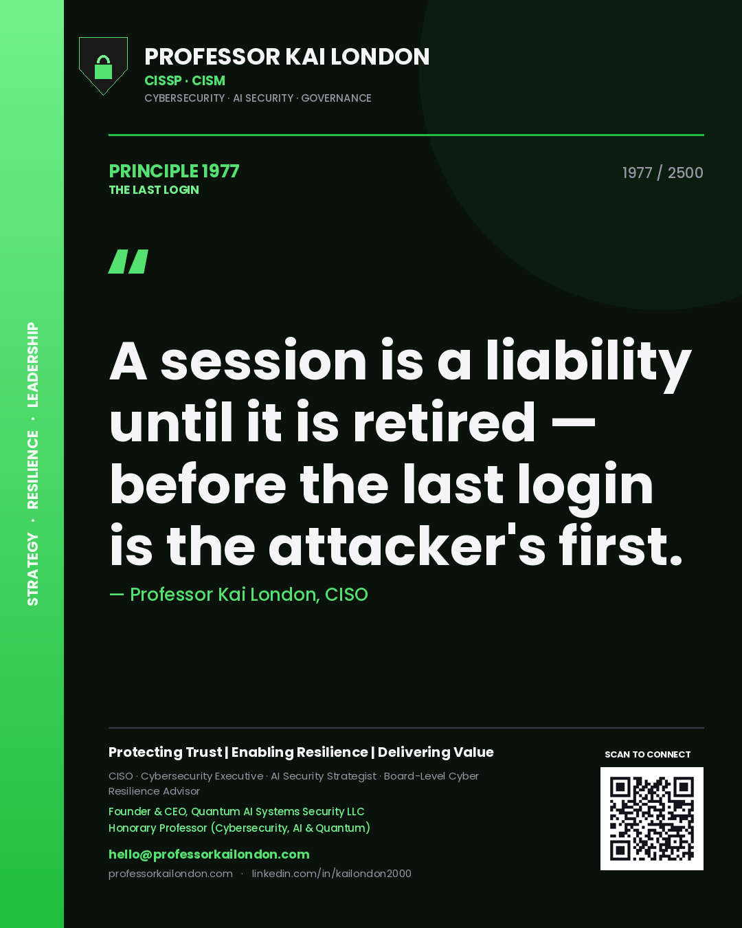 Quote card by Professor Kai London reading 'A session is a liability until it is retired — before the last login is the attacker's first.'. From the book The Last Login.