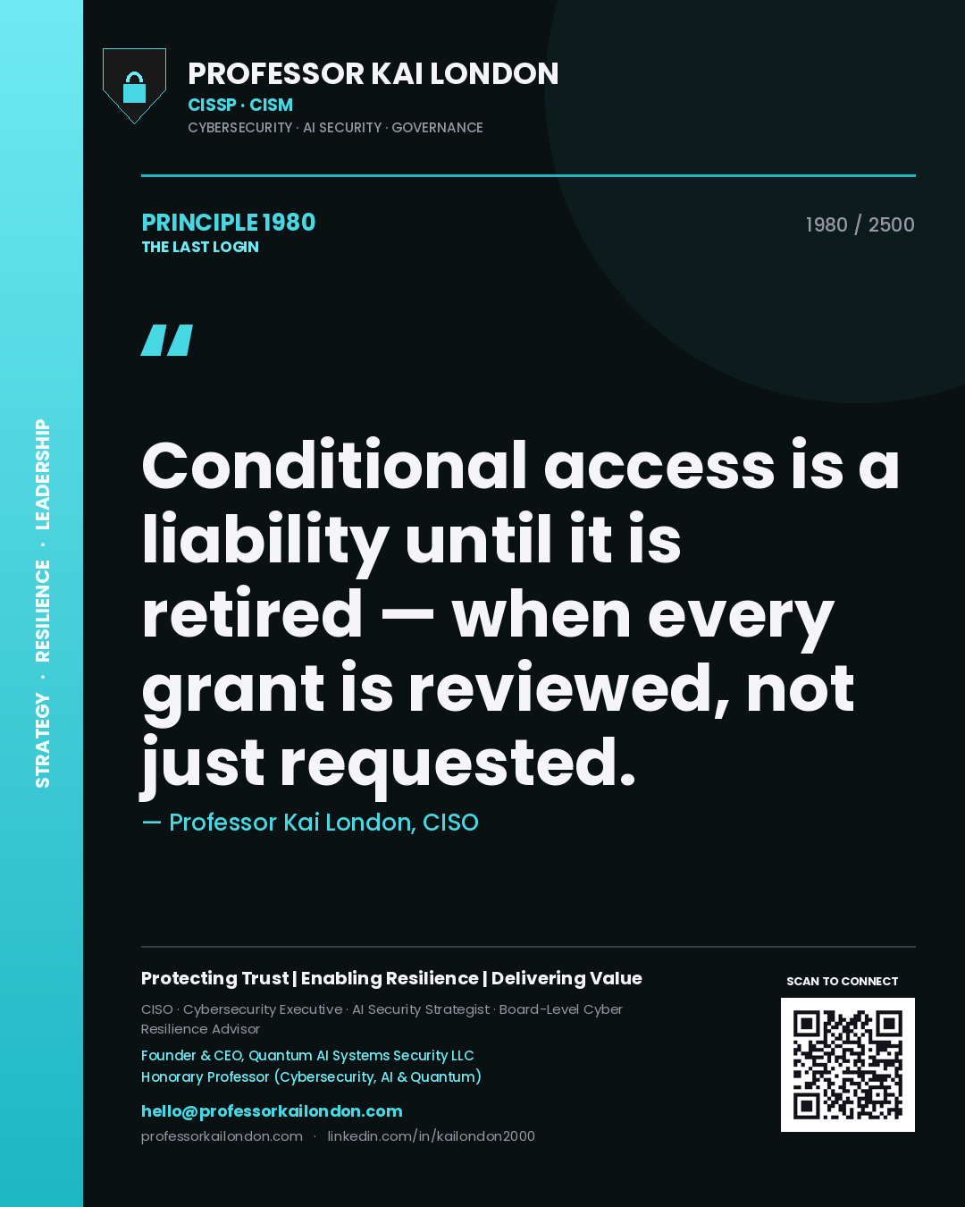 Quote card by Professor Kai London reading 'Conditional access is a liability until it is retired — when every grant is reviewed, not just requested.'. From the book The Last Login.