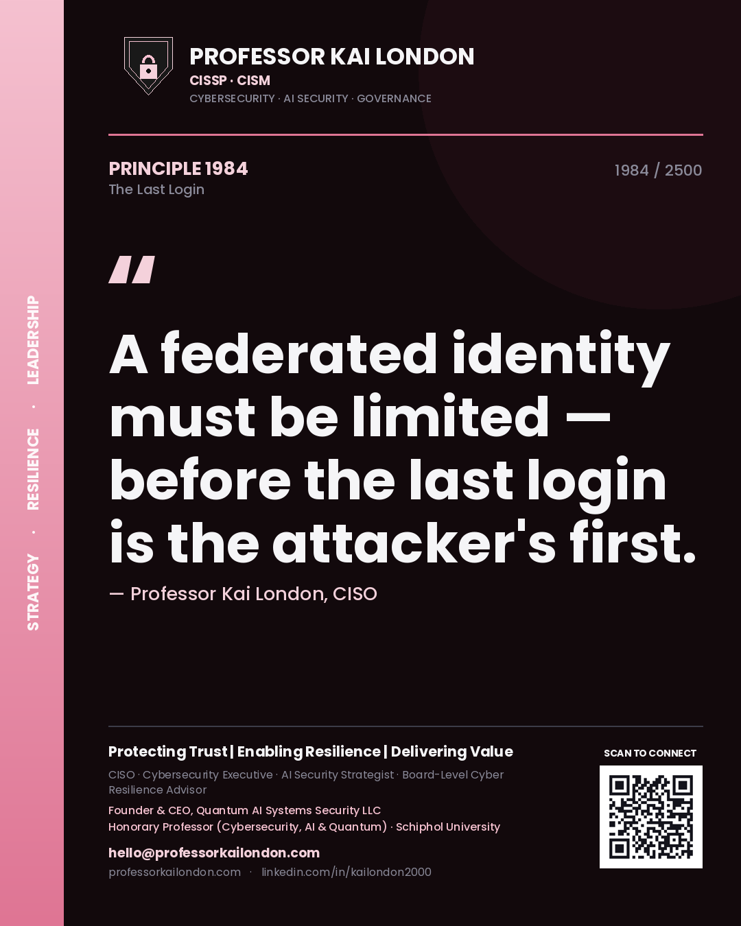 Professor Kai London principle 1984: A federated identity must be limited — before the last login is the attacker's first.