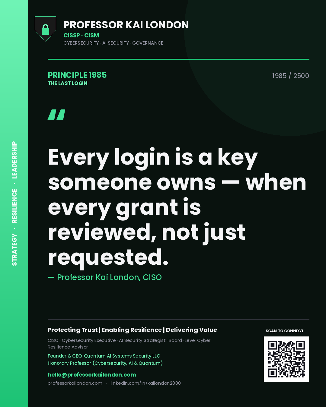 Quote card by Professor Kai London reading 'Every login is a key someone owns — when every grant is reviewed, not just requested.'. From the book The Last Login.