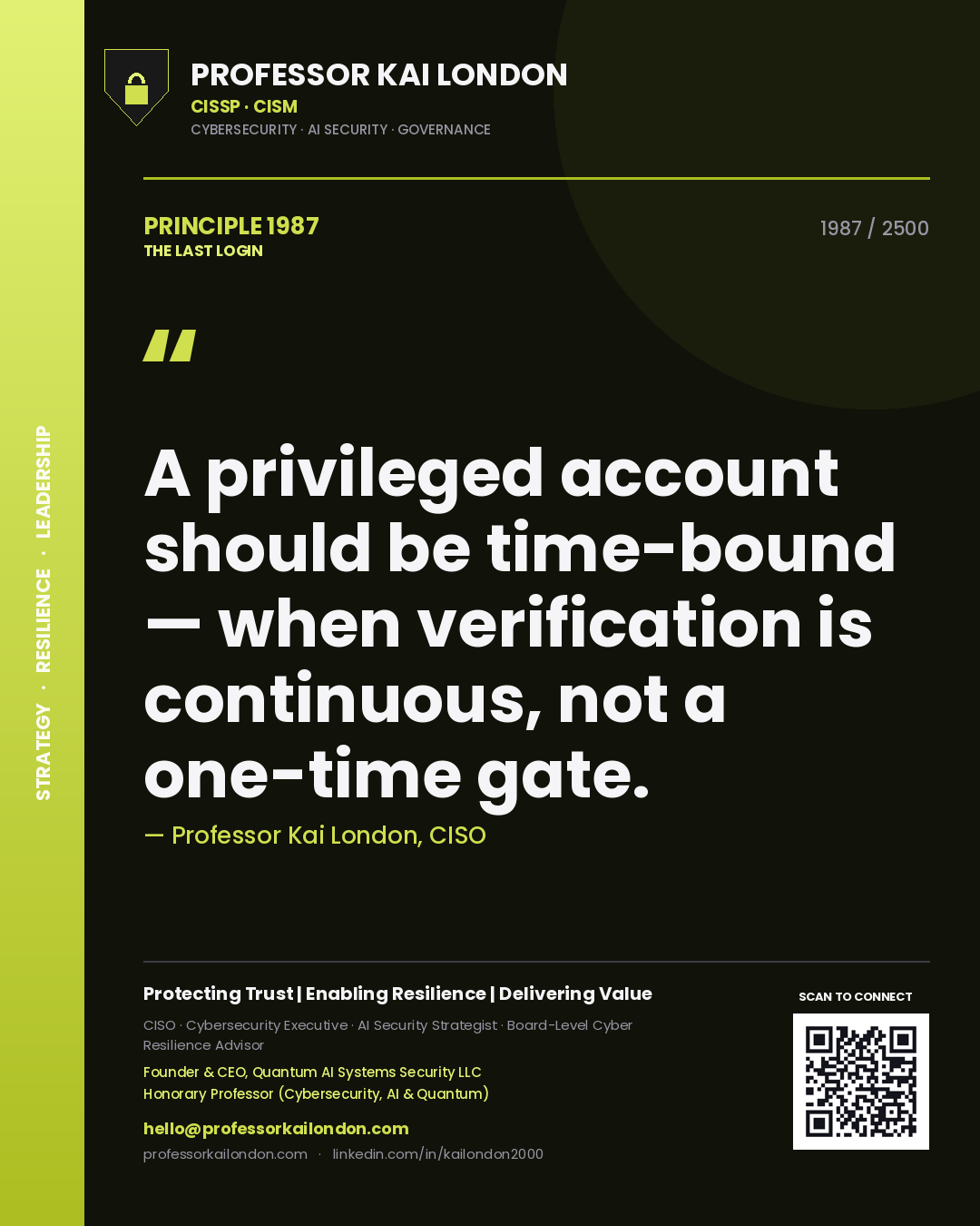 Quote card by Professor Kai London reading 'A privileged account should be time-bound — when verification is continuous, not a one-time gate.'. From the book The Last Login.