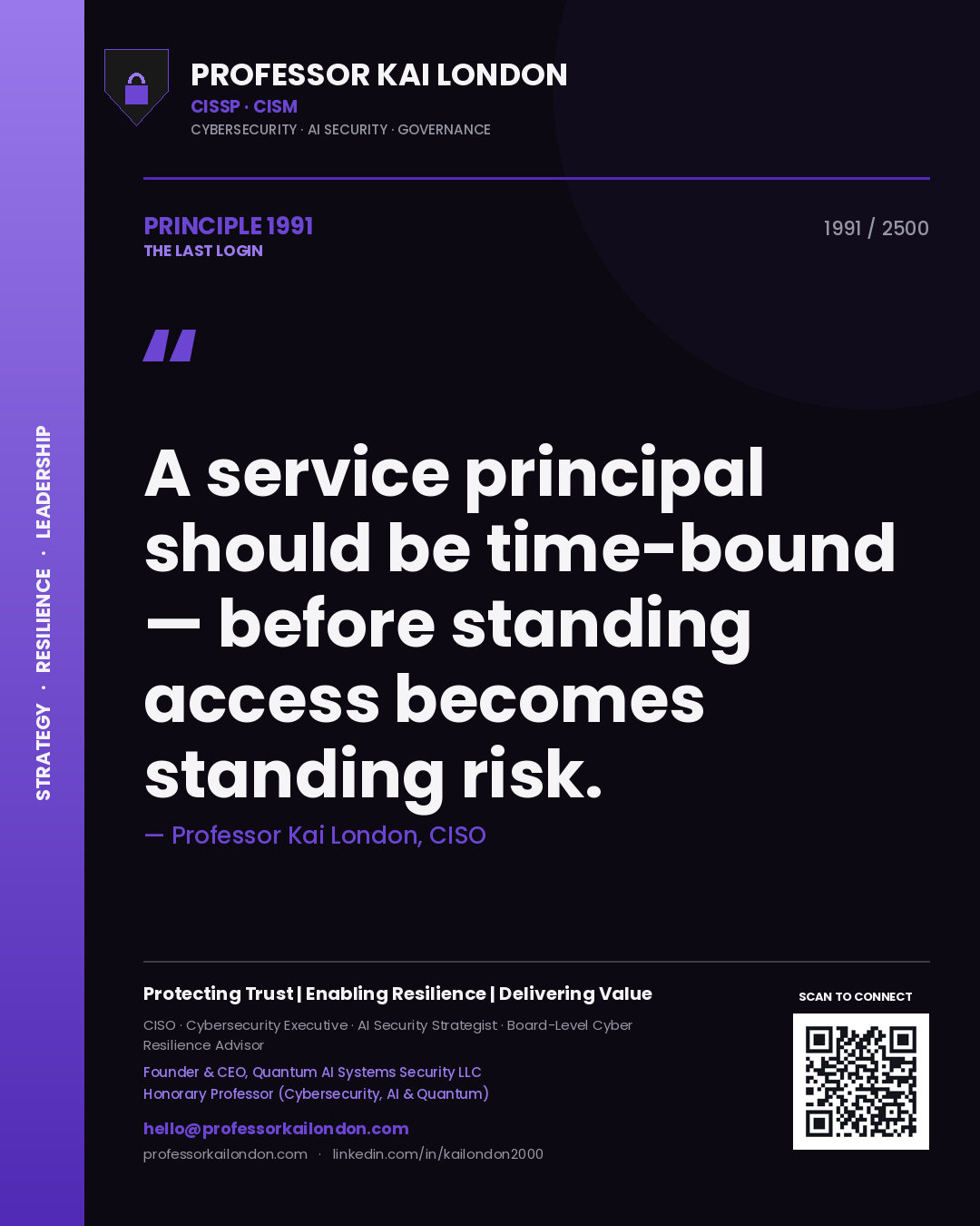 Quote card by Professor Kai London reading 'A service principal should be time-bound — before standing access becomes standing risk.'. From the book The Last Login.