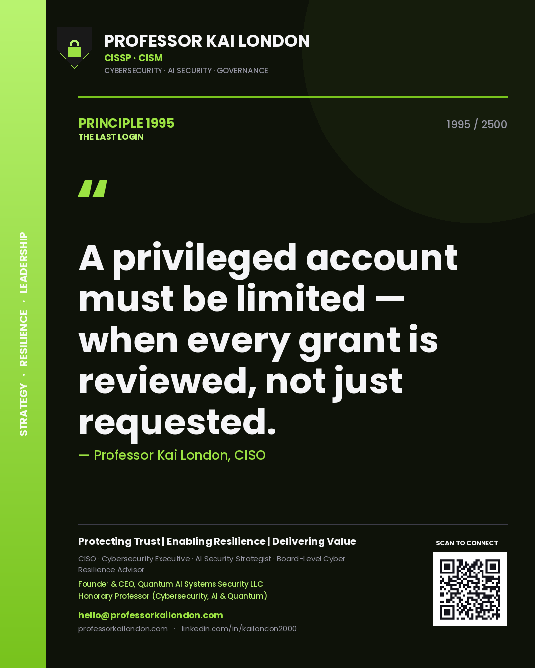 Quote card by Professor Kai London reading 'A privileged account must be limited — when every grant is reviewed, not just requested.'. From the book The Last Login.