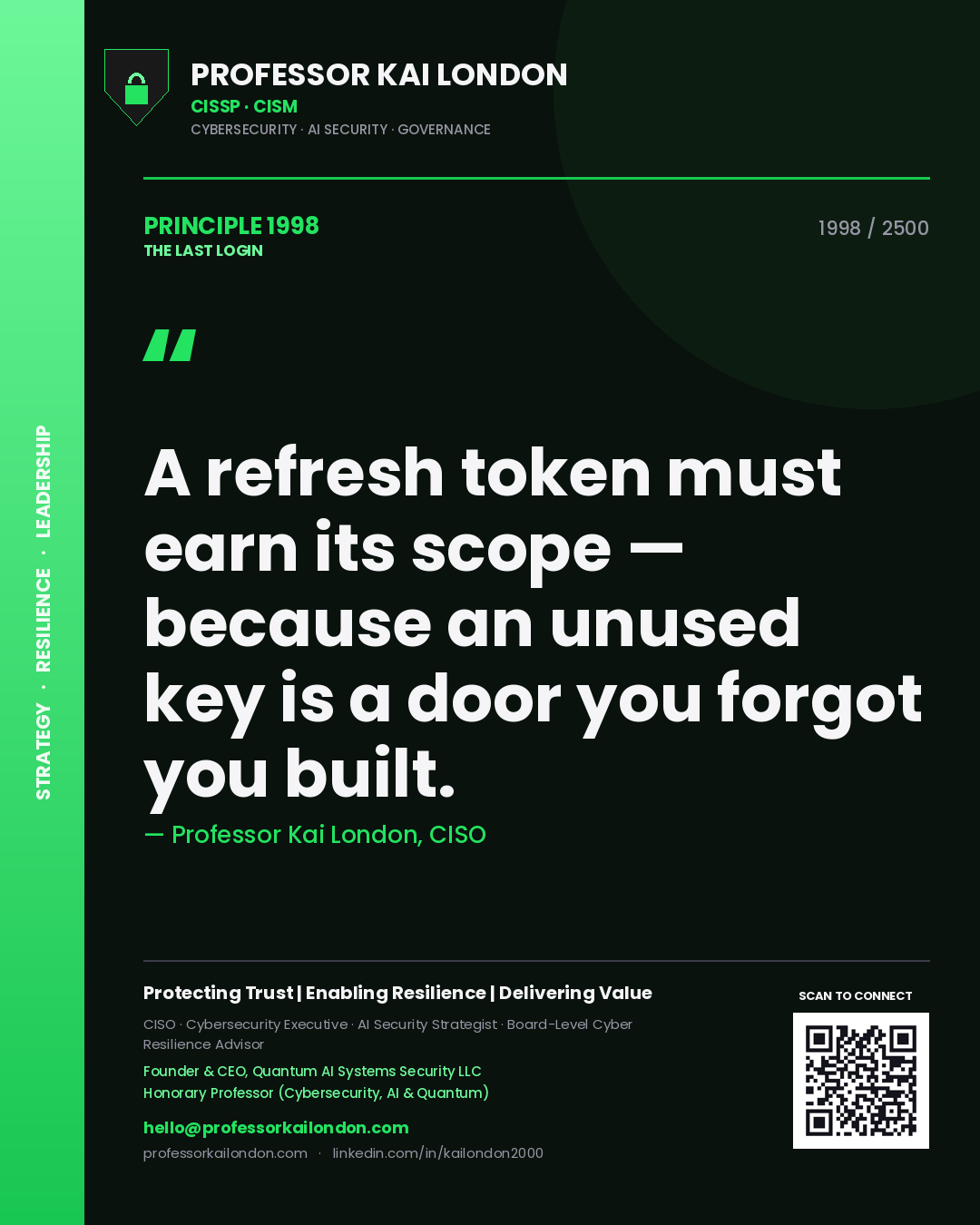 Quote card by Professor Kai London reading 'A refresh token must earn its scope — because an unused key is a door you forgot you built.'. From the book The Last Login.