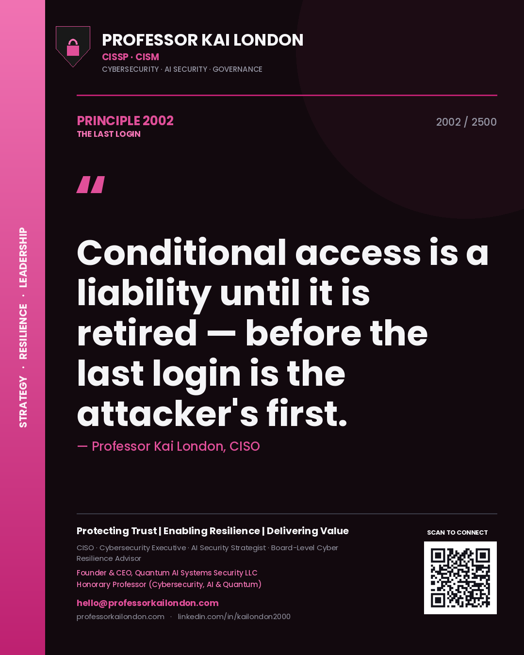 Quote card by Professor Kai London reading 'Conditional access is a liability until it is retired — before the last login is the attacker's first.'. From the book The Last Login.