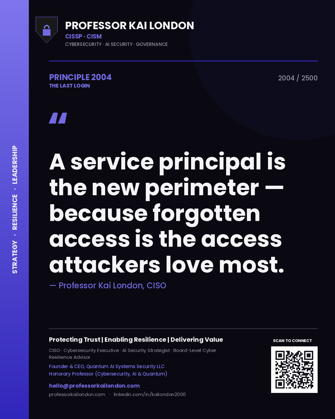 Quote card by Professor Kai London reading 'A service principal is the new perimeter — because forgotten access is the access attackers love most.'. From the book The Last Login.
