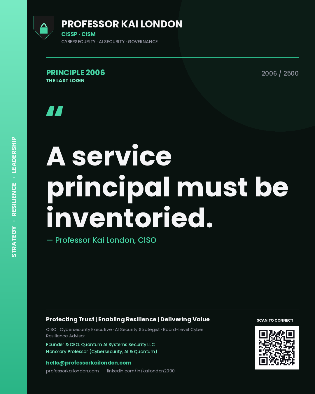 Quote card by Professor Kai London reading 'A service principal must be inventoried.'. From the book The Last Login.