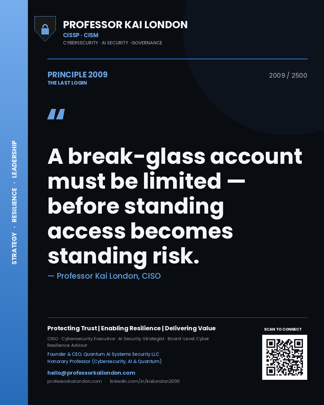 Quote card by Professor Kai London reading 'A break-glass account must be limited — before standing access becomes standing risk.'. From the book The Last Login.