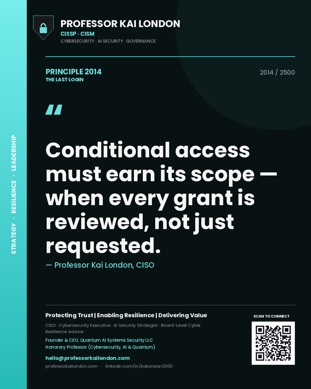 Professor Kai London principle 2014: Conditional access must earn its scope — when every grant is reviewed, not just requested.