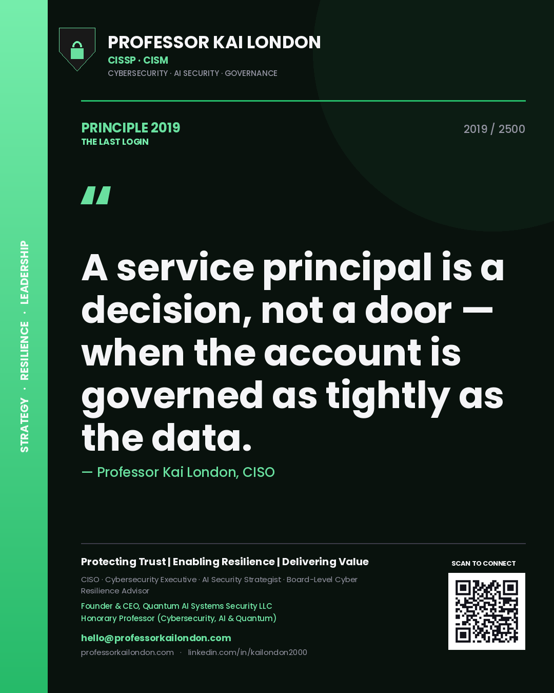 Professor Kai London principle 2019: A service principal is a decision, not a door — when the account is governed as tightly as the data.