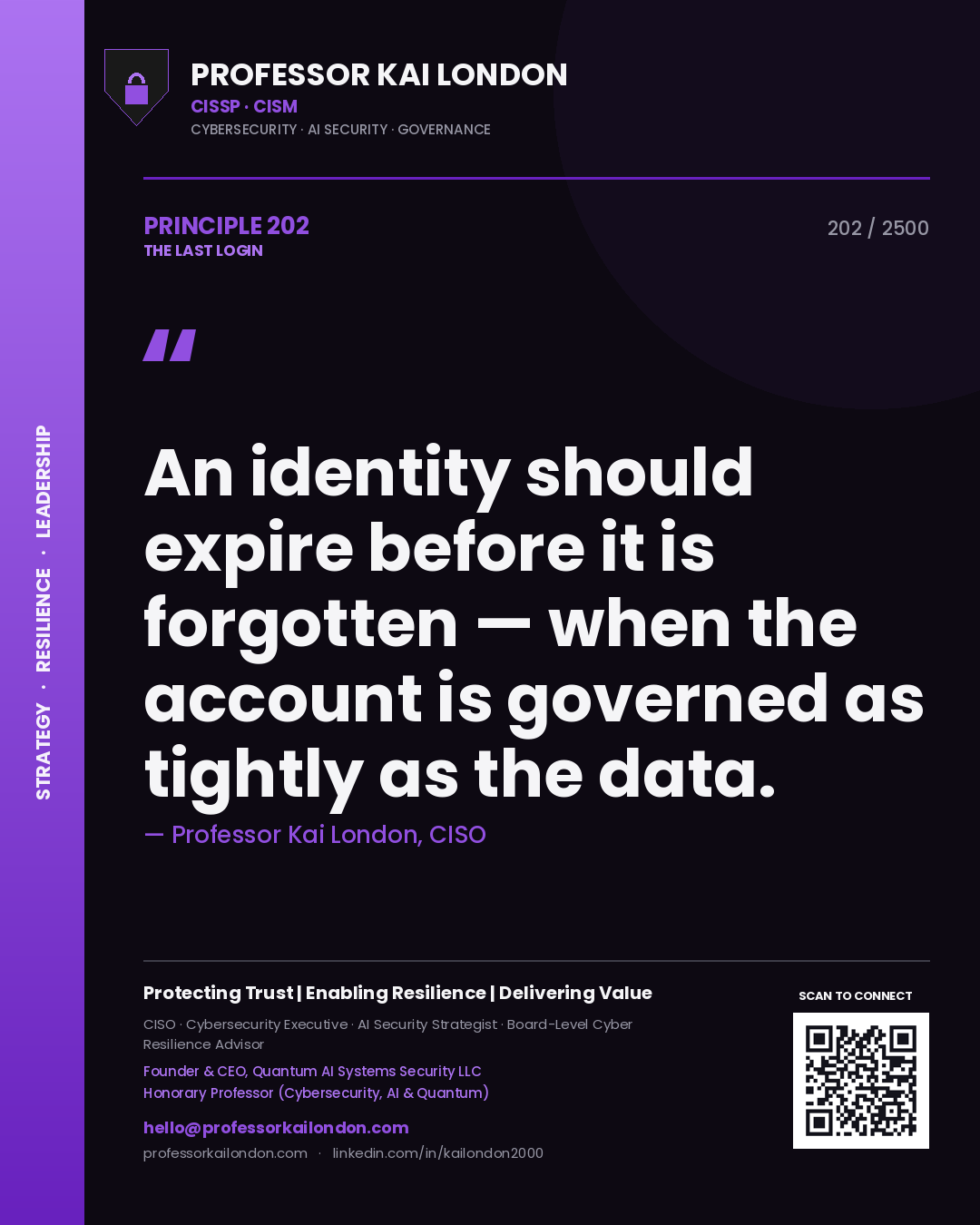 Quote card by Professor Kai London reading 'An identity should expire before it is forgotten — when the account is governed as tightly as the data.'. From the book The Last Login.