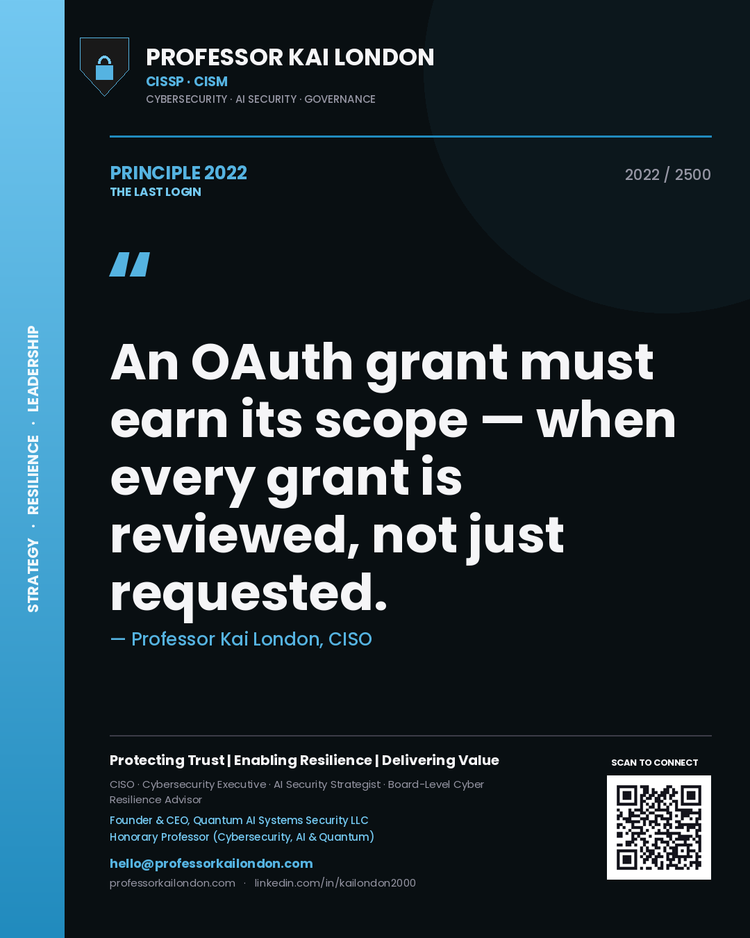 Professor Kai London principle 2022: An OAuth grant must earn its scope — when every grant is reviewed, not just requested.