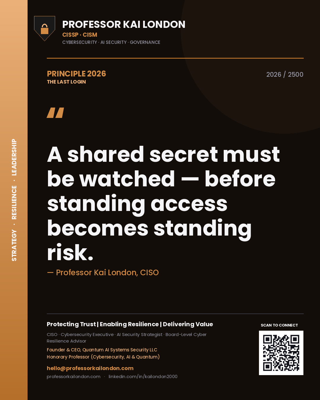 Professor Kai London principle 2026: A shared secret must be watched — before standing access becomes standing risk.