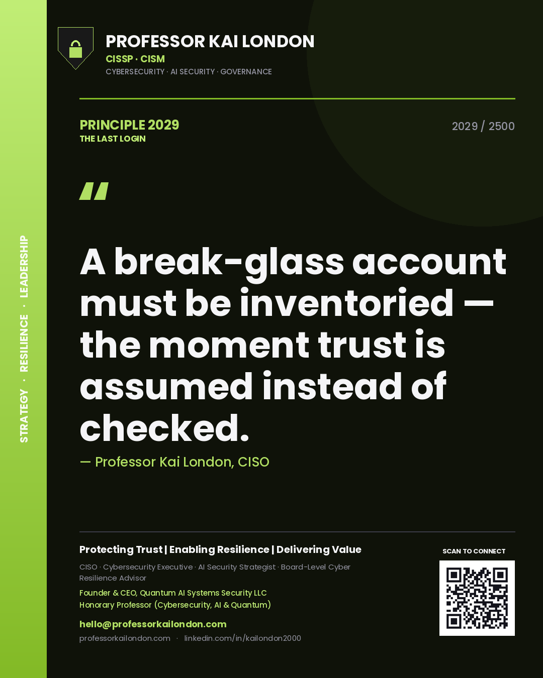 Professor Kai London principle 2029: A break-glass account must be inventoried — the moment trust is assumed instead of checked.