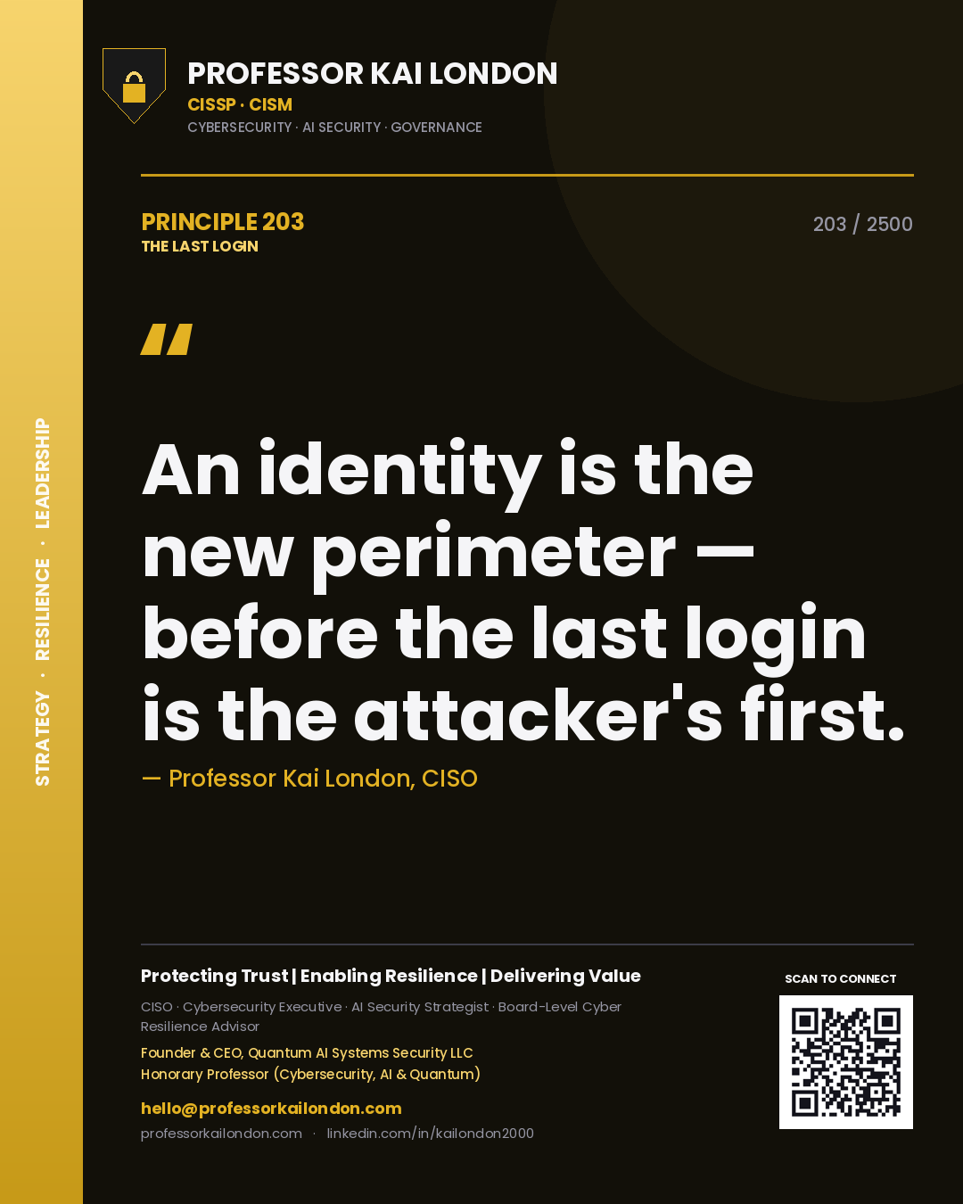 Quote card by Professor Kai London reading 'An identity is the new perimeter — before the last login is the attacker's first.'. From the book The Last Login.