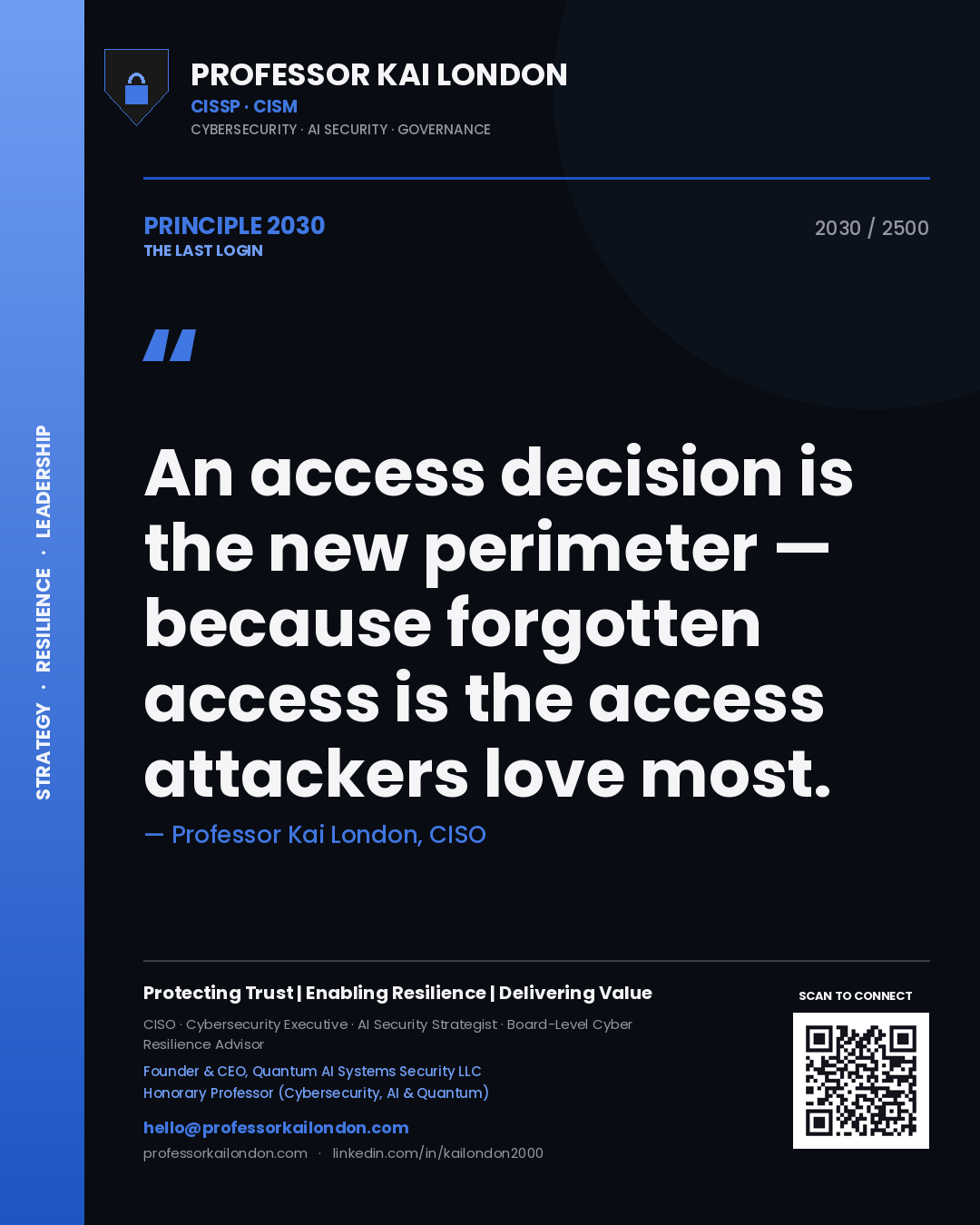 Quote card by Professor Kai London reading 'An access decision is the new perimeter — because forgotten access is the access attackers love most.'. From the book The Last Login.