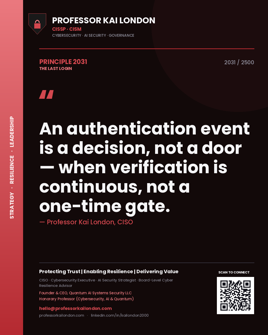 Quote card by Professor Kai London reading 'An authentication event is a decision, not a door — when verification is continuous, not a one-time gate.'. From the book The Last Login.