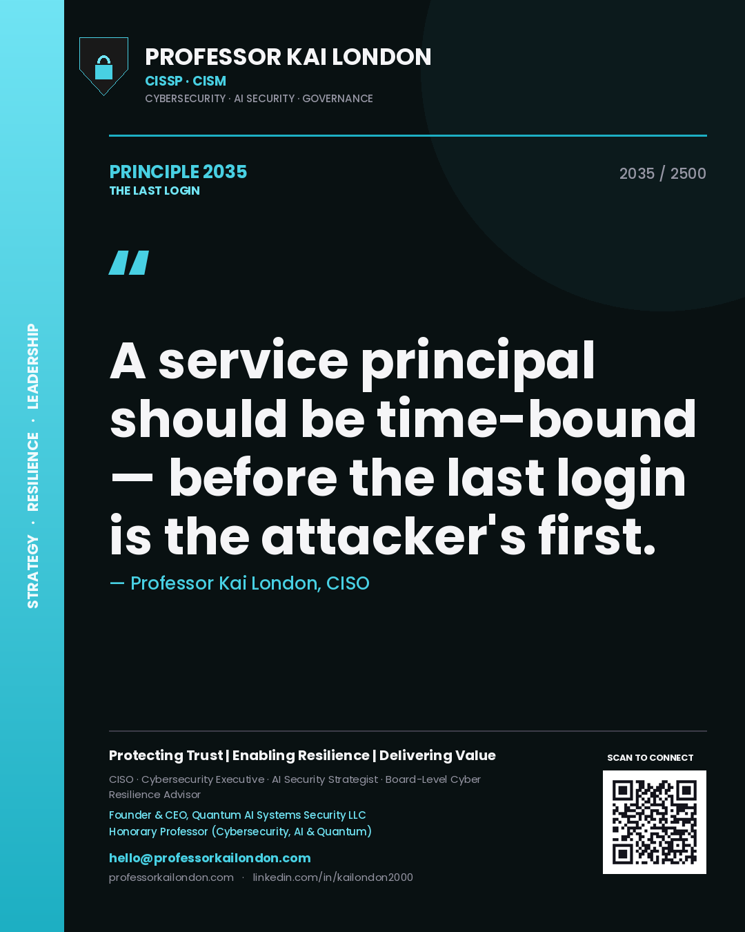 Quote card by Professor Kai London reading 'A service principal should be time-bound — before the last login is the attacker's first.'. From the book The Last Login.