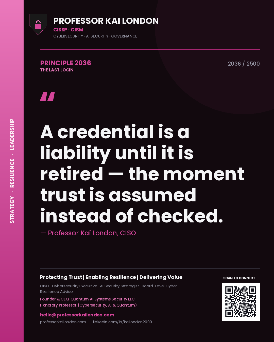 Professor Kai London principle 2036: A credential is a liability until it is retired — the moment trust is assumed instead of checked.