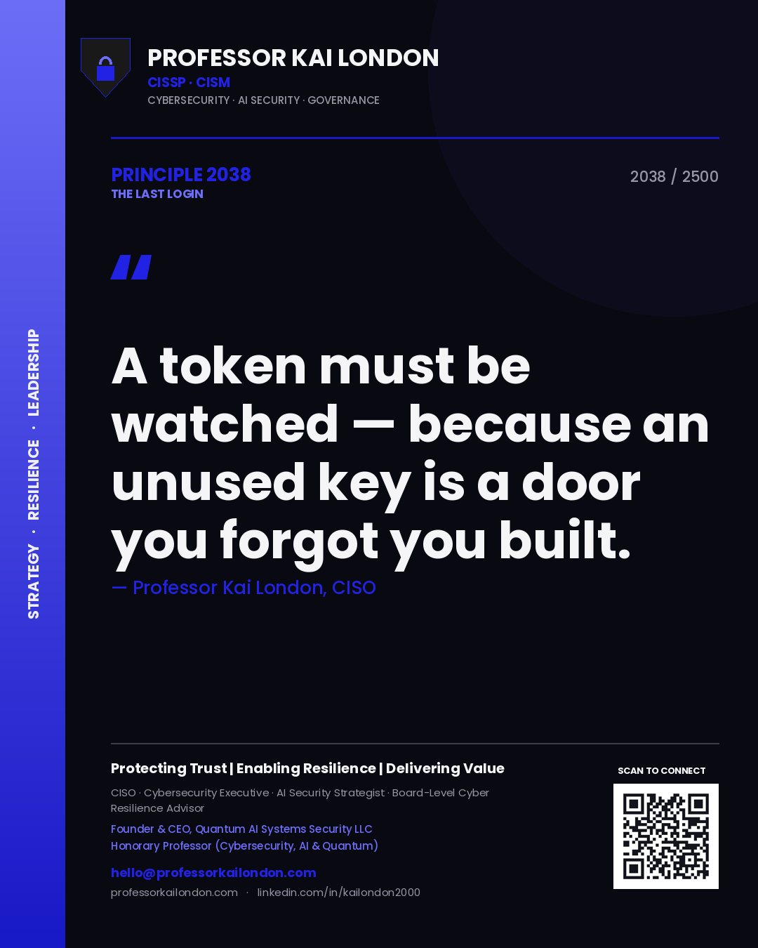 Professor Kai London principle 2038: A token must be watched — because an unused key is a door you forgot you built.
