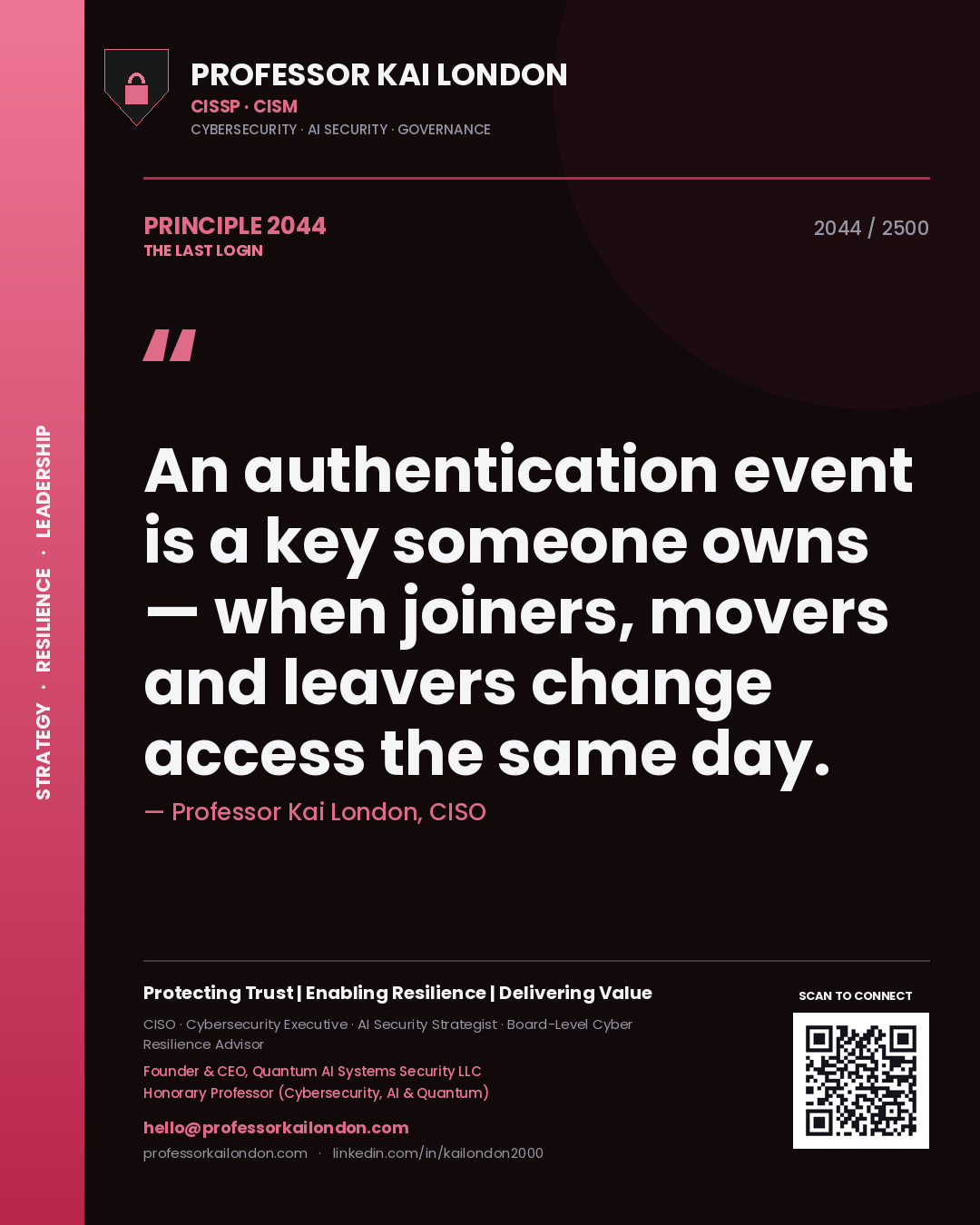 Professor Kai London principle 2044: An authentication event is a key someone owns — when joiners, movers and leavers change access the same day.