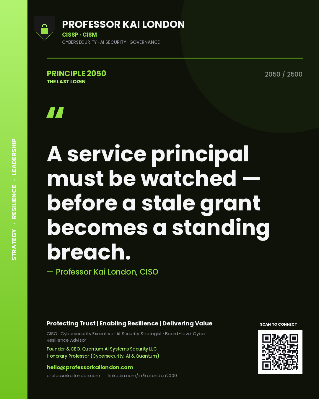 Quote card by Professor Kai London reading 'A service principal must be watched — before a stale grant becomes a standing breach.'. From the book The Last Login.