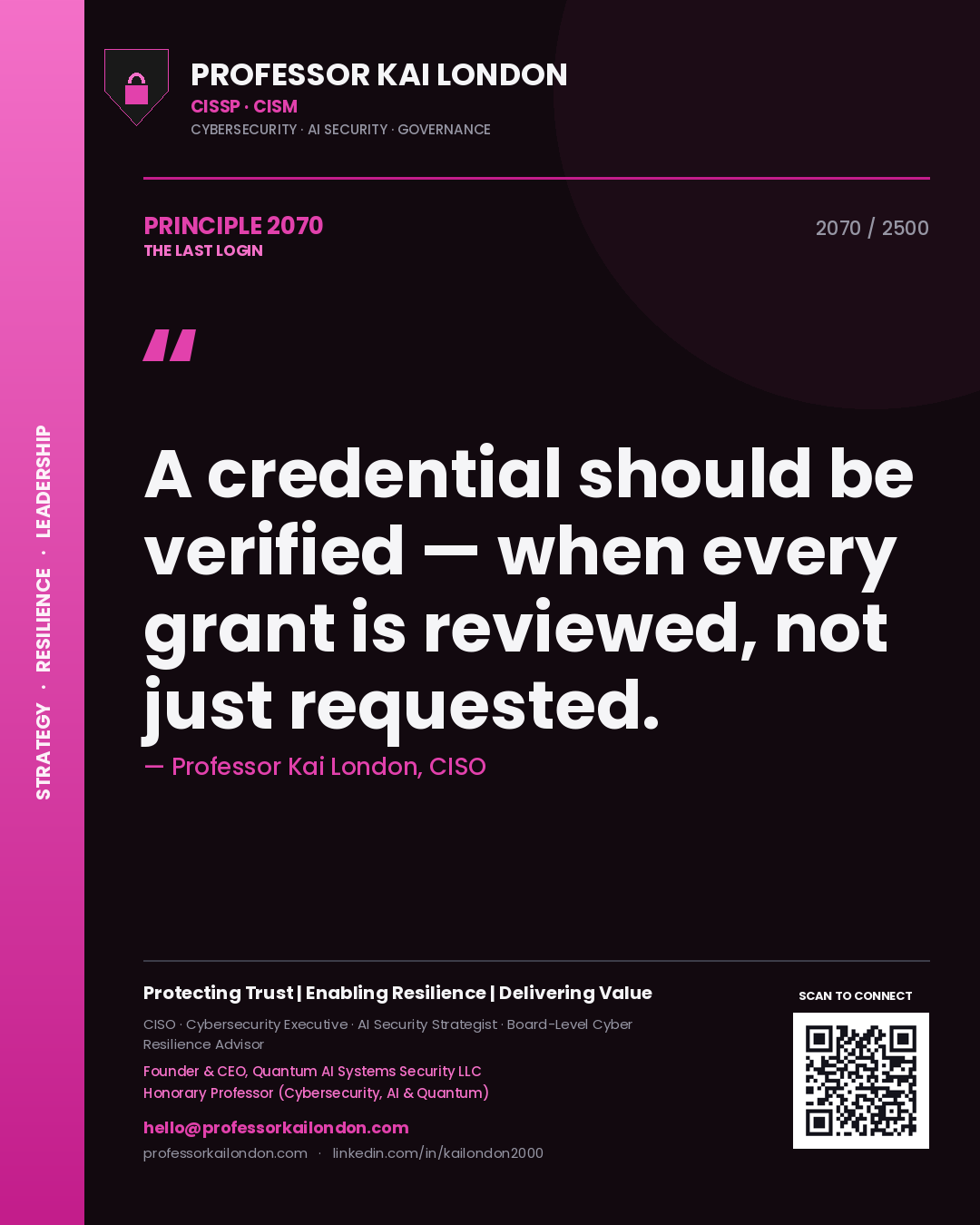 Professor Kai London principle 2070: A credential should be verified — when every grant is reviewed, not just requested.