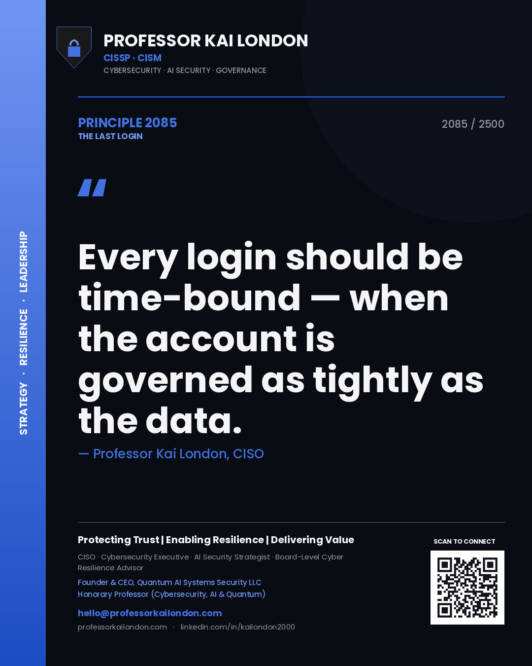 Quote card by Professor Kai London reading 'Every login should be time-bound — when the account is governed as tightly as the data.'. From the book The Last Login.