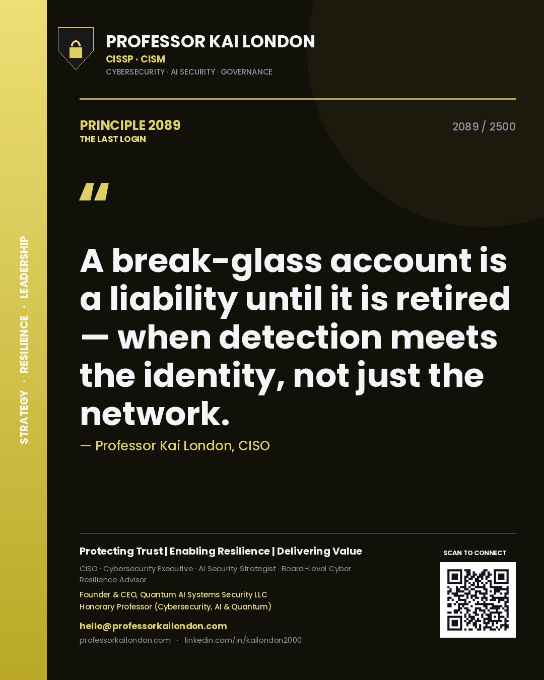 Quote card by Professor Kai London reading 'A break-glass account is a liability until it is retired — when detection meets the identity, not just the network.'. From the book The Last Login.