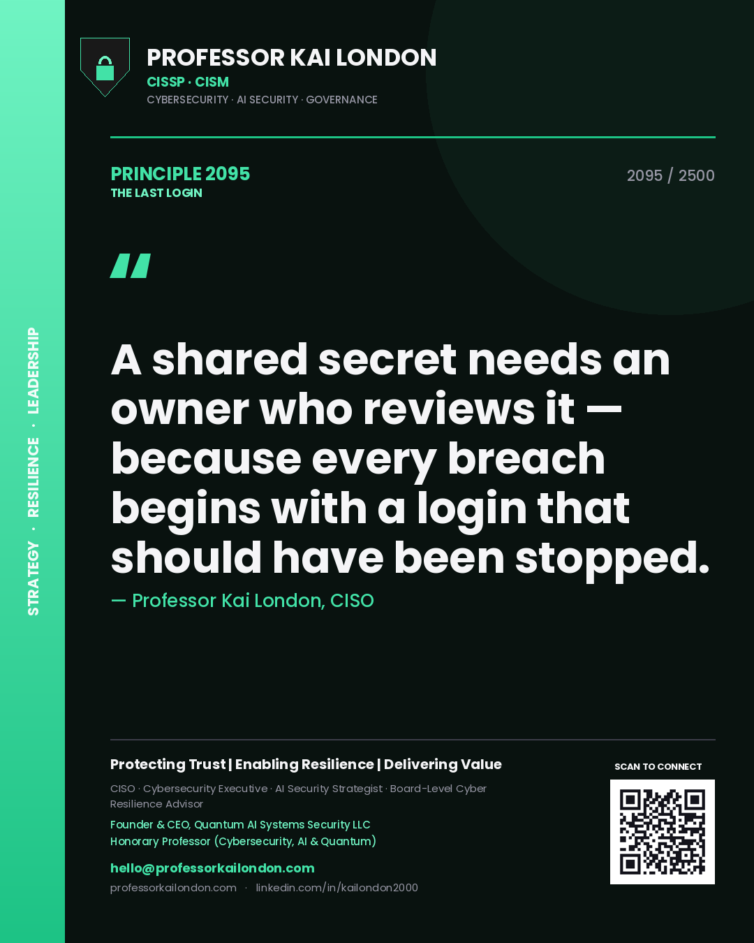 Quote card by Professor Kai London reading 'A shared secret needs an owner who reviews it — because every breach begins with a login that should have been stopped.'. From the book The Last Login.
