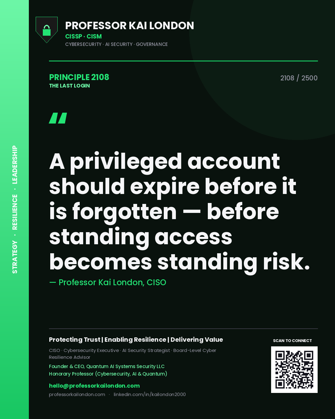 Professor Kai London principle 2108: A privileged account should expire before it is forgotten — before standing access becomes standing risk.
