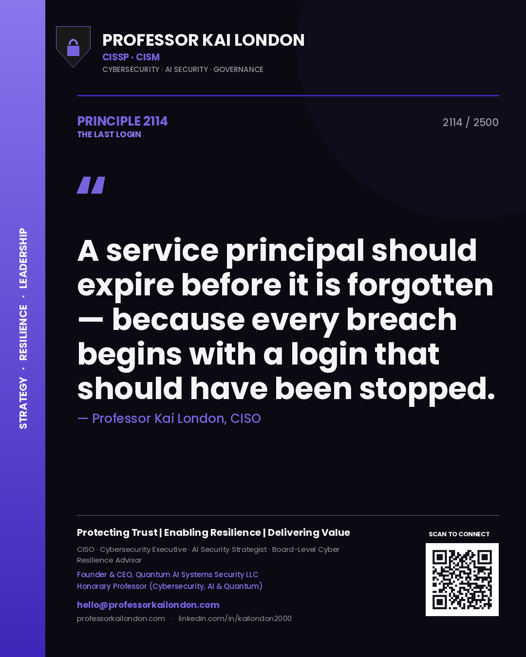Professor Kai London principle 2114: A service principal should expire before it is forgotten — because every breach begins with a login that should have been stopped.