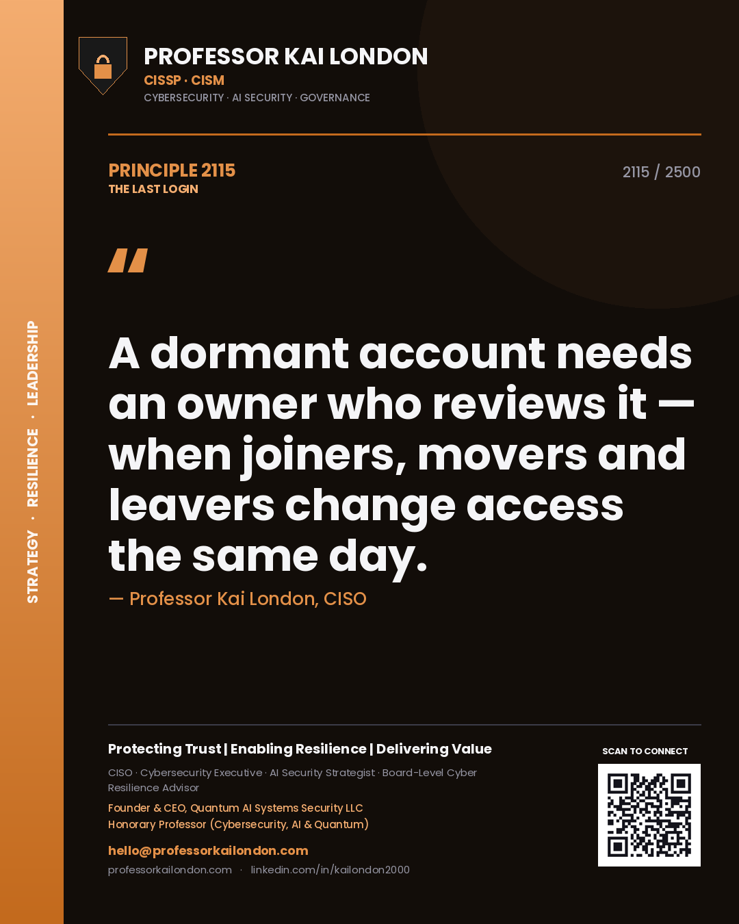 Quote card by Professor Kai London reading 'A dormant account needs an owner who reviews it — when joiners, movers and leavers change access the same day.'. From the book The Last Login.