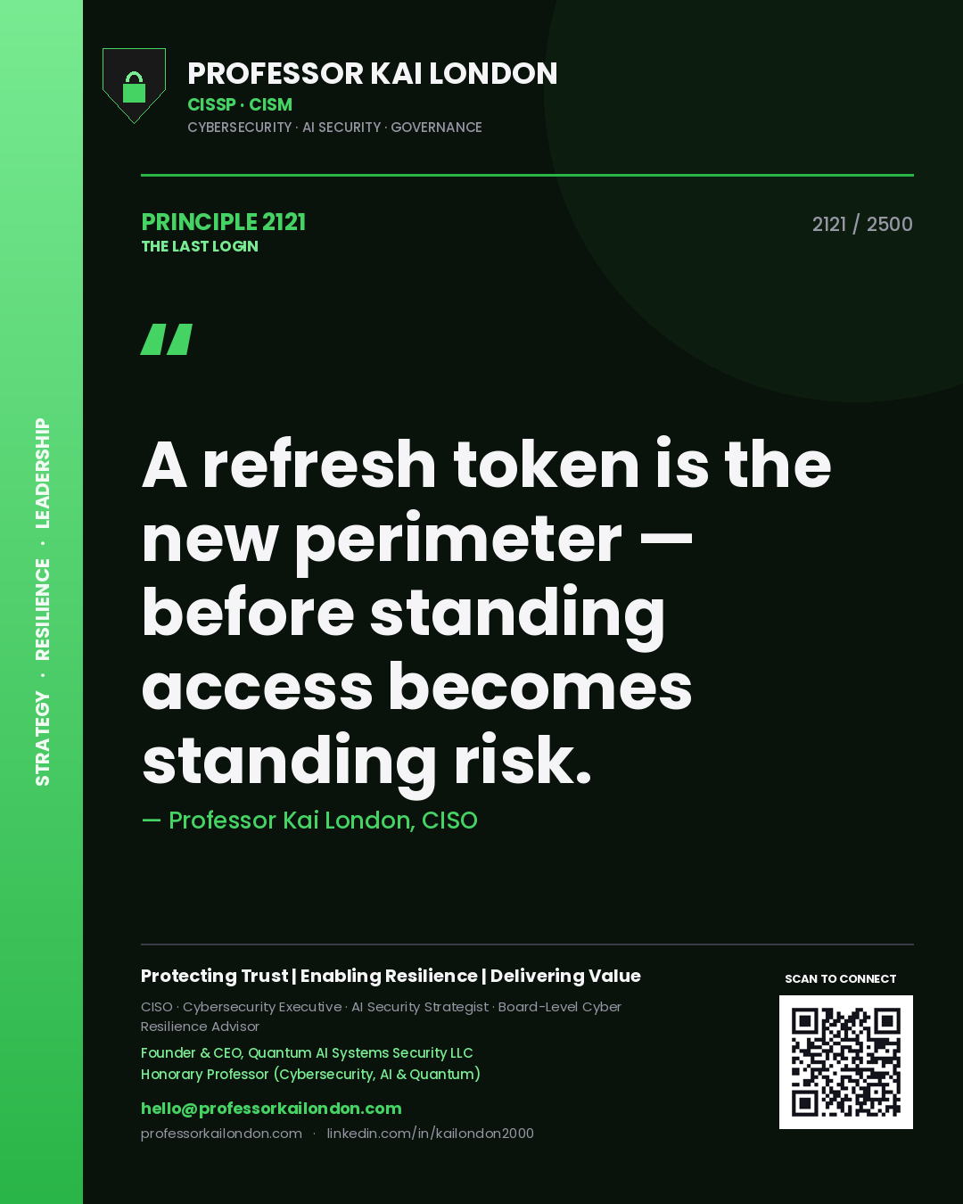 Quote card by Professor Kai London reading 'A refresh token is the new perimeter — before standing access becomes standing risk.'. From the book The Last Login.