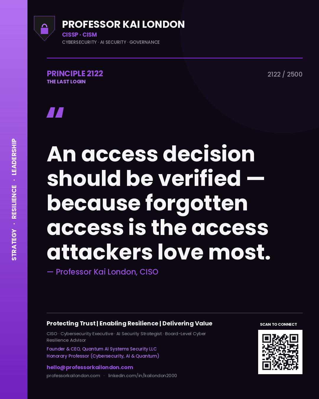 Professor Kai London principle 2122: An access decision should be verified — because forgotten access is the access attackers love most.