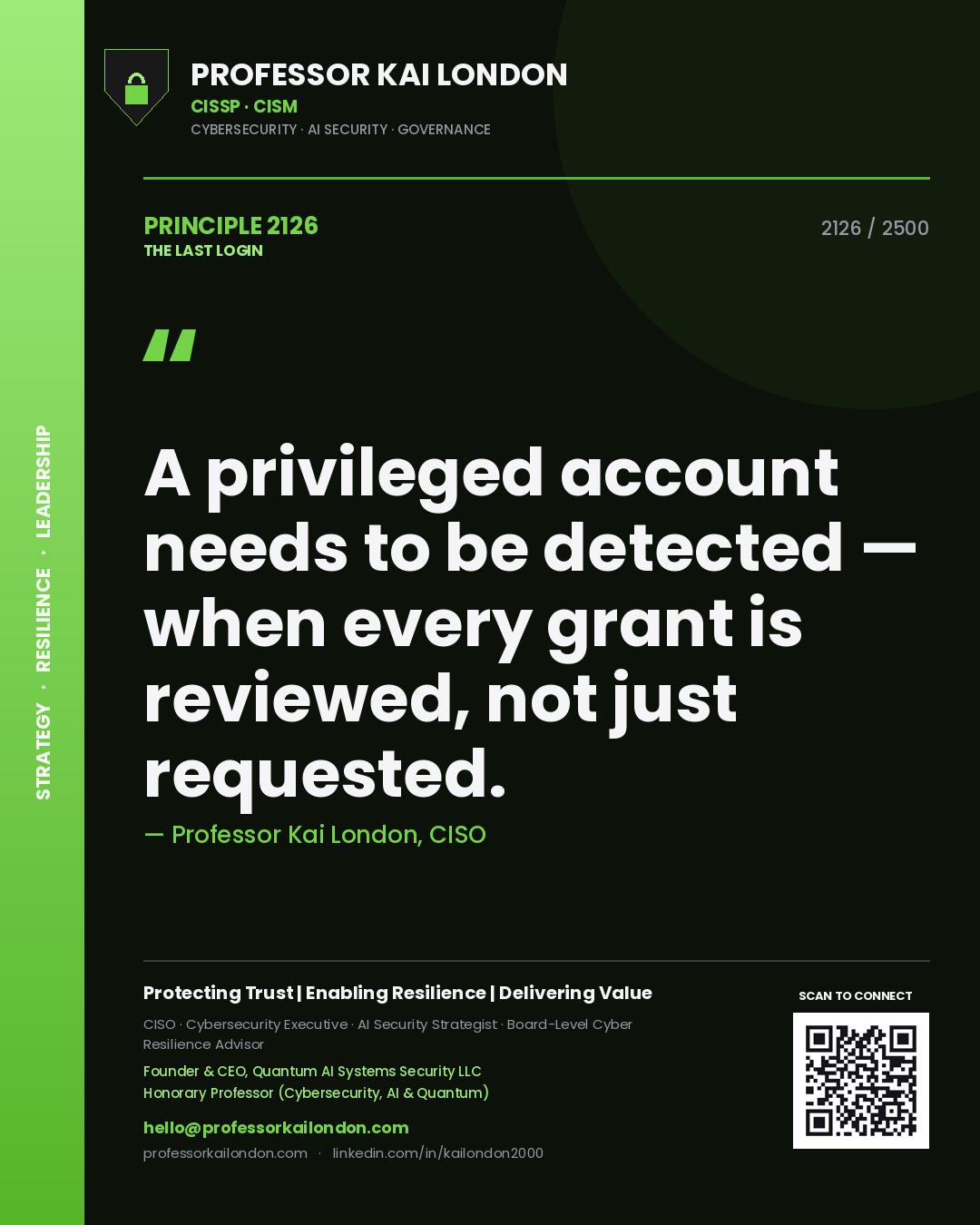 Professor Kai London principle 2126: A privileged account needs to be detected — when every grant is reviewed, not just requested.