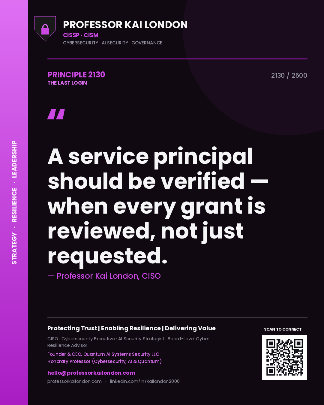 Professor Kai London principle 2130: A service principal should be verified — when every grant is reviewed, not just requested.