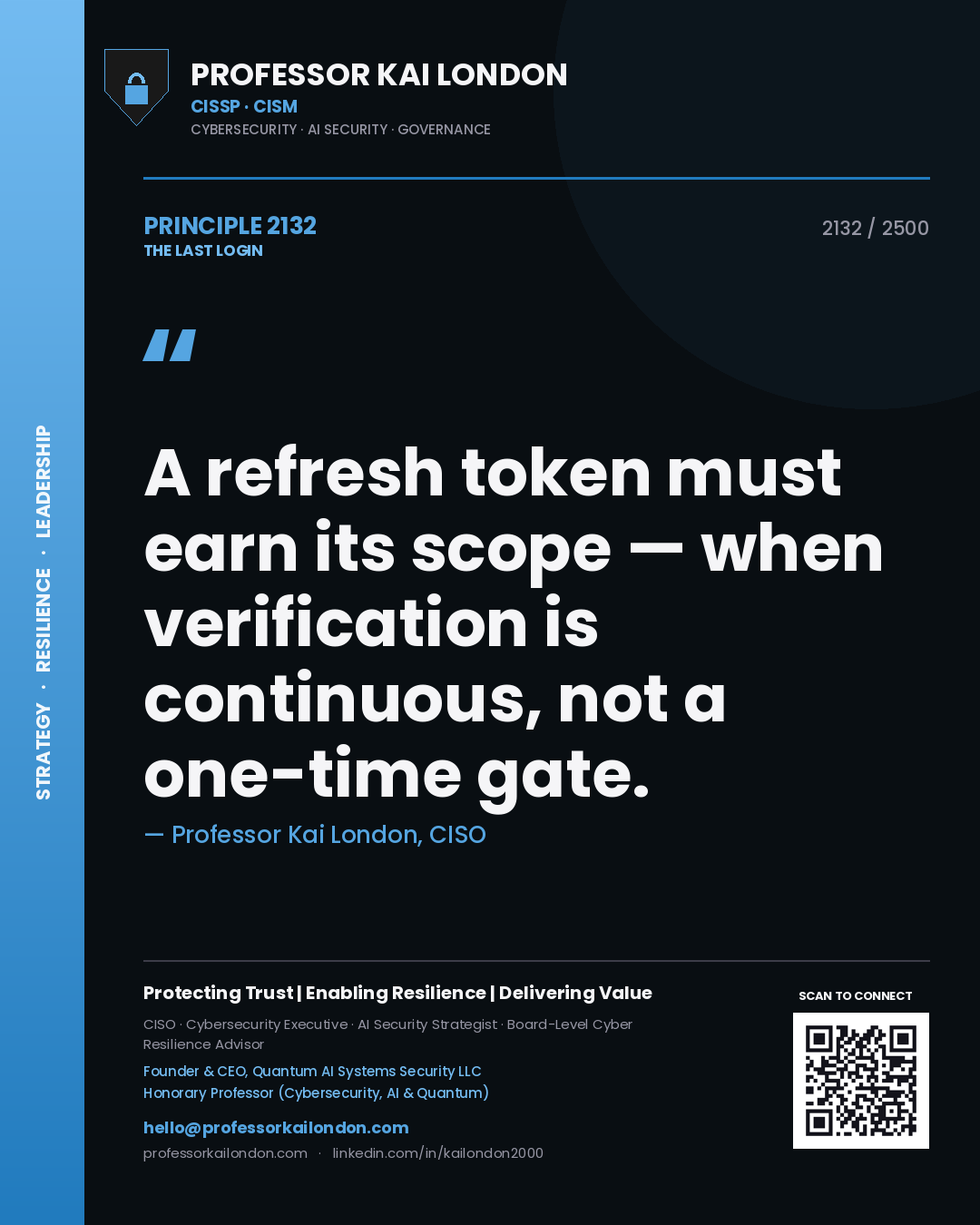 Professor Kai London principle 2132: A refresh token must earn its scope — when verification is continuous, not a one-time gate.