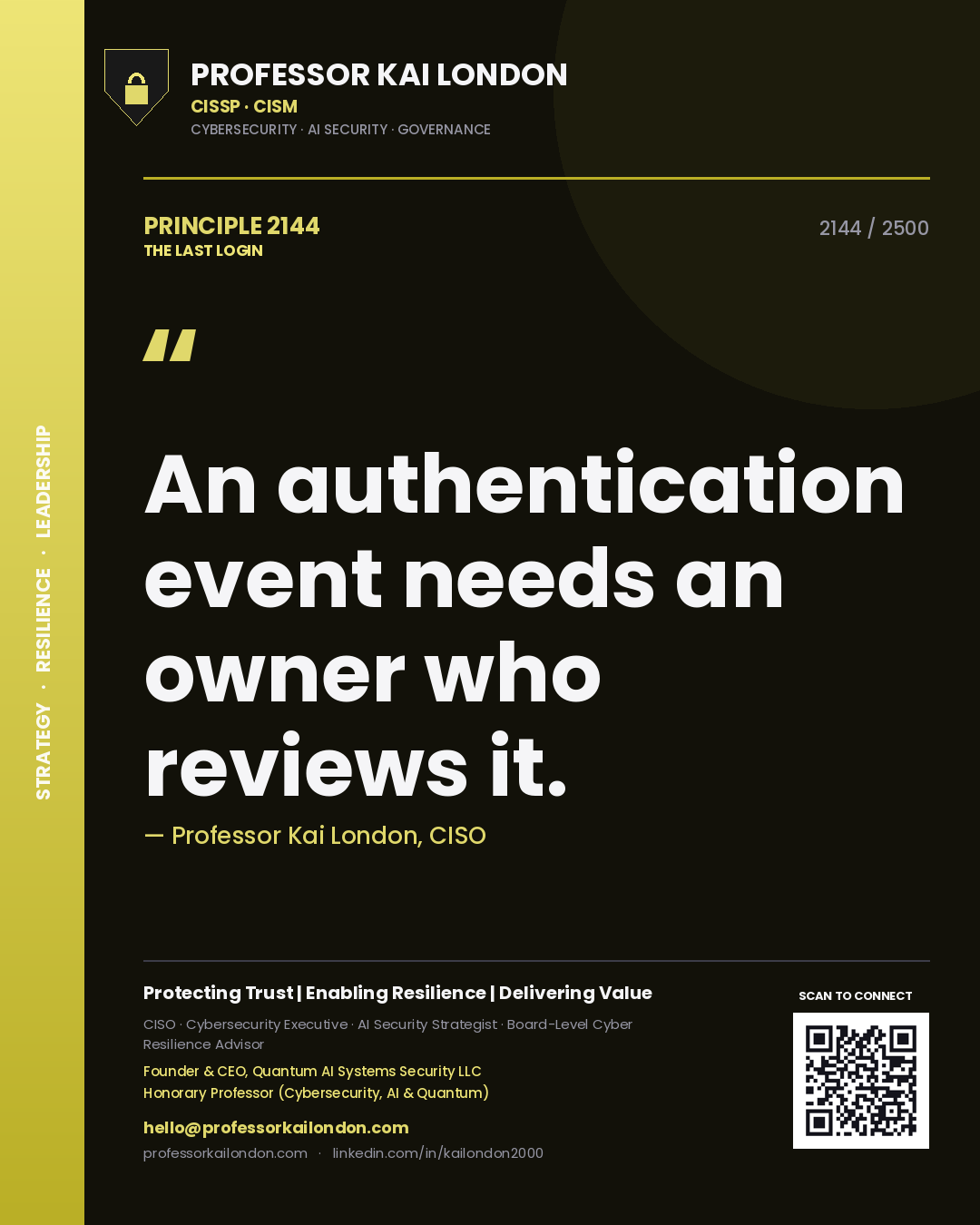 Professor Kai London principle 2144: An authentication event needs an owner who reviews it.
