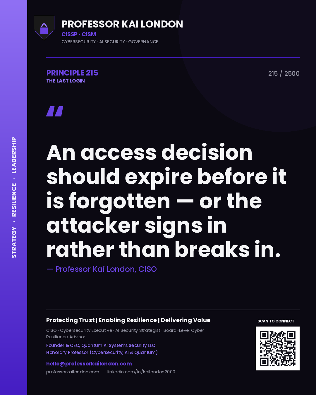 Quote card by Professor Kai London reading 'An access decision should expire before it is forgotten — or the attacker signs in rather than breaks in.'. From the book The Last Login.