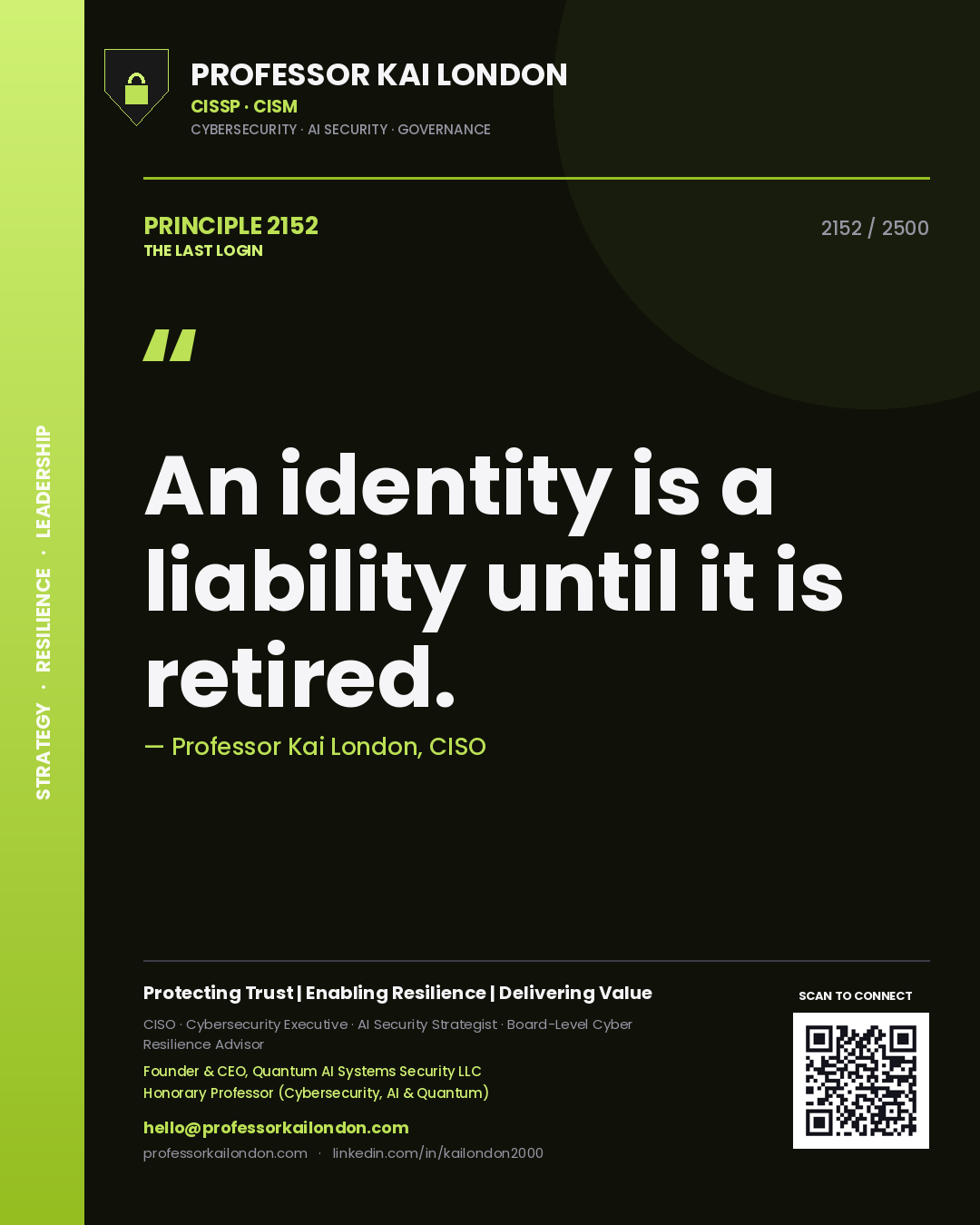 Quote card by Professor Kai London reading 'An identity is a liability until it is retired.'. From the book The Last Login.
