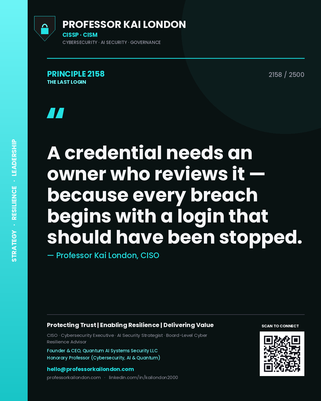 Professor Kai London principle 2158: A credential needs an owner who reviews it — because every breach begins with a login that should have been stopped.