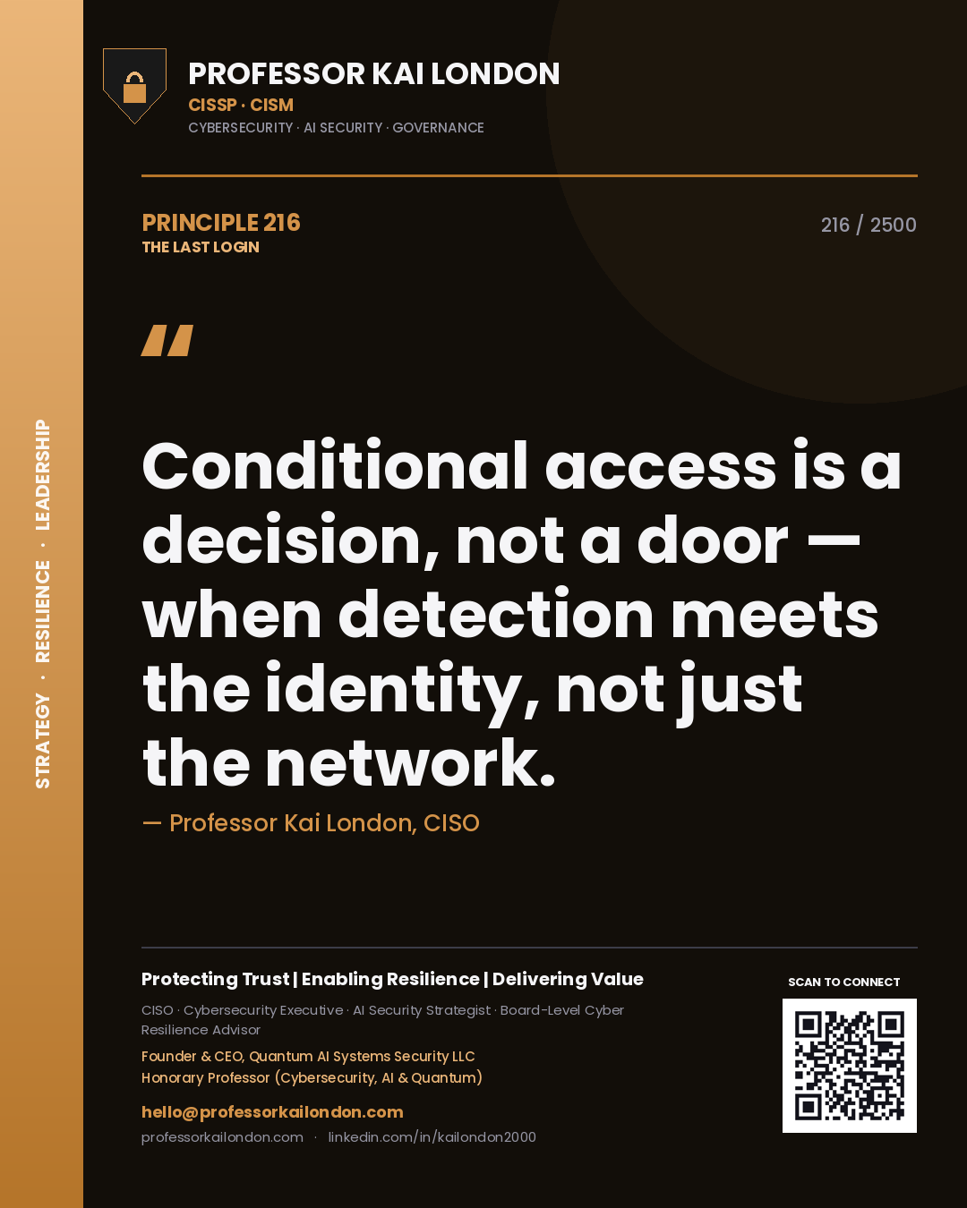 Quote card by Professor Kai London reading 'Conditional access is a decision, not a door — when detection meets the identity, not just the network.'. From the book The Last Login.