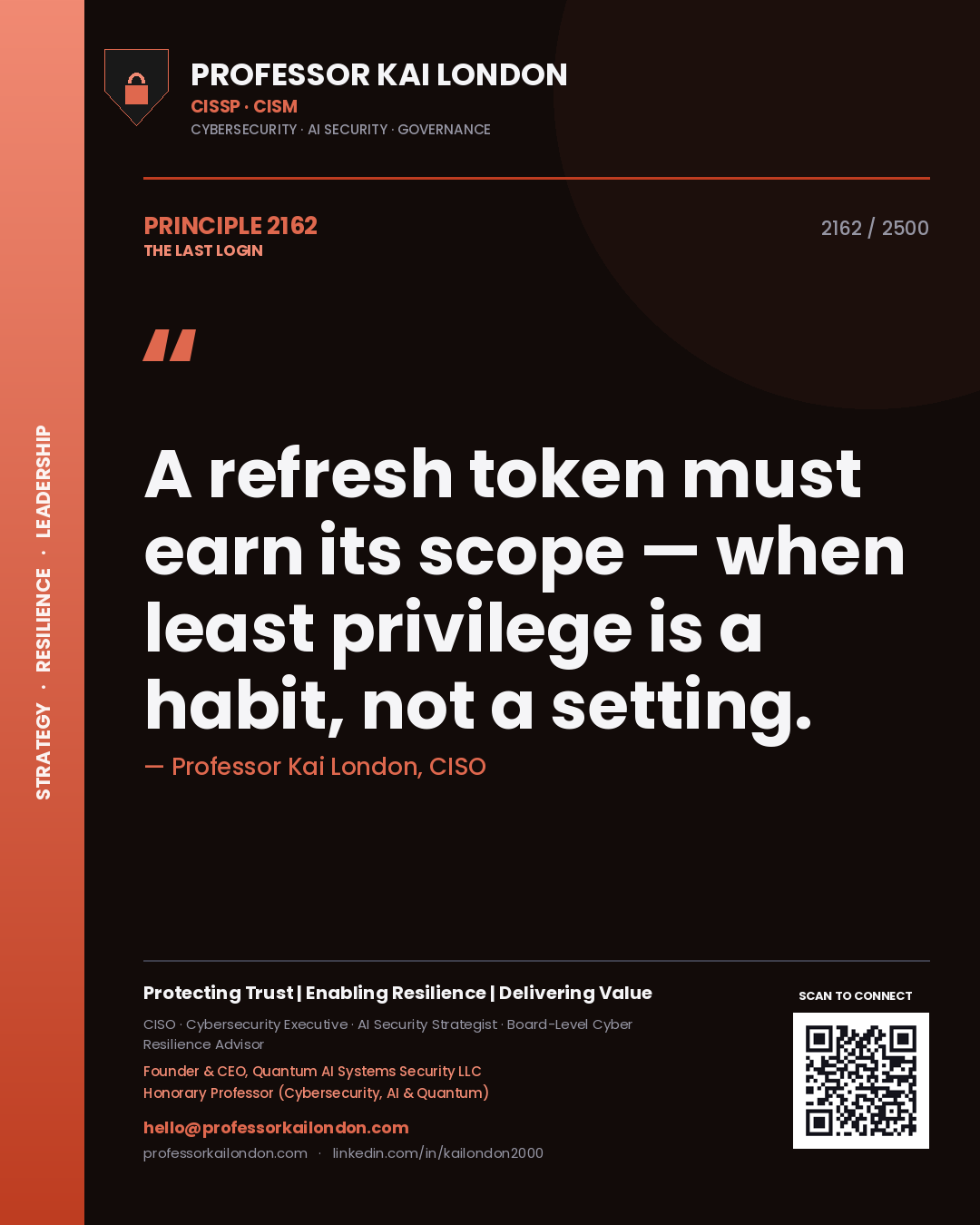 Professor Kai London principle 2162: A refresh token must earn its scope — when least privilege is a habit, not a setting.