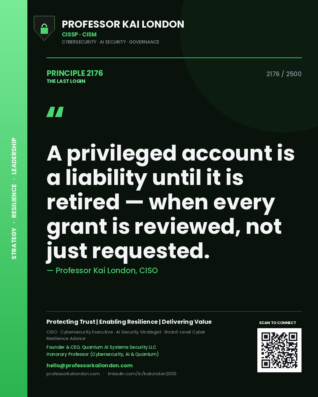 Professor Kai London principle 2176: A privileged account is a liability until it is retired — when every grant is reviewed, not just requested.